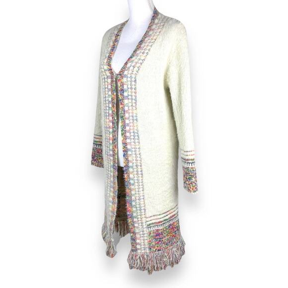 Janice Fuzzy Longline Cardigan Cream Southwestern Trim Fray Fringe Medium - Picture 6 of 14